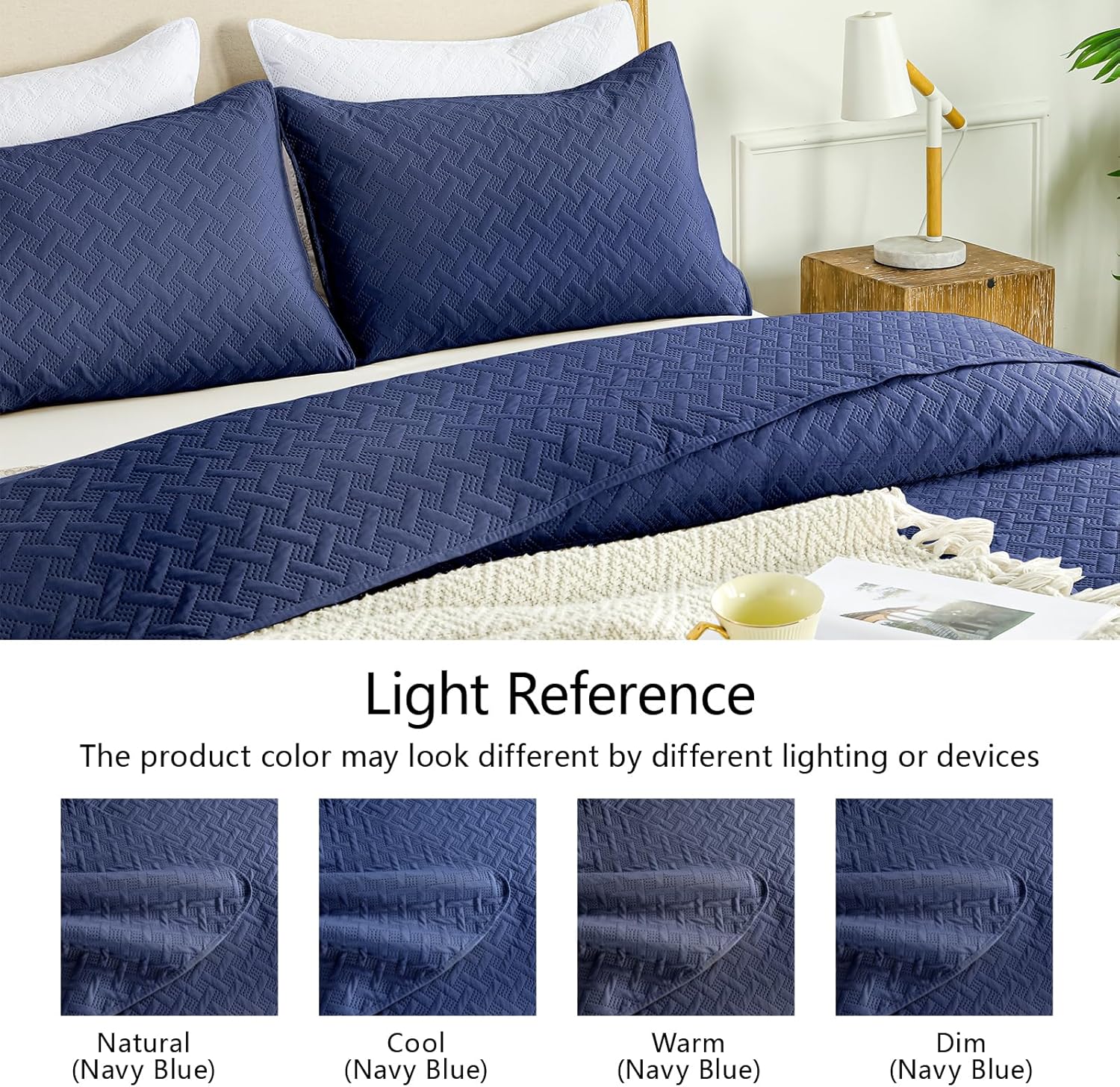 Quilts Queen Size - Ultra Soft Navy Blue Quilt Lightweight Microfiber Bedspreads, Classic Basket Weave Pattern Bedspread Bed Coverlet 3 Pieces for All-Season (1 Quilt, 2 Pillow Shams) | Breathable material, Easy care