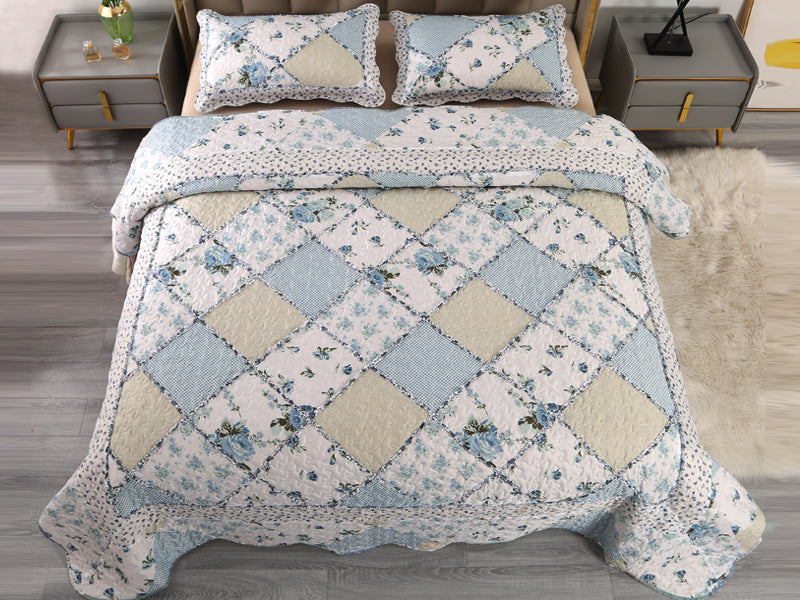 Blue Floral Patchwork Quilt Set, Full Queen Size, 3 Piece Bedding Set with 2 Pillowcases | Blue Patchwork Quilt, Queen Size Bedspread, Reversible Quilt Set, Floral Quilt Set, Patchwork Quilt Set, Queen Comforter Set