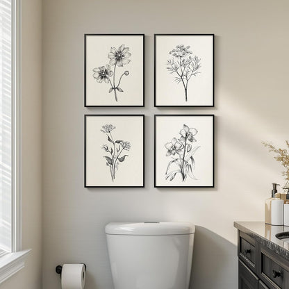 Framed Vintage Botanical Wall Art Bedroom, 4 Piece Rustic Farmhouse Floral Canvas Prints Artwork, Neutral Flower Butterfly Pictures for Modern Farmhouse Living Room Kitchen Bathroom Wall Decor, 11x14