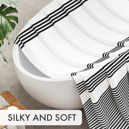Shower Curtain, Washable Cloth Black Shower Curtain Sets with 12 Shower Curtain Hooks, Fabric Rustic Black and White Striped Curtain, Farmhouse Bathroom Curtains, 72x72 Inches