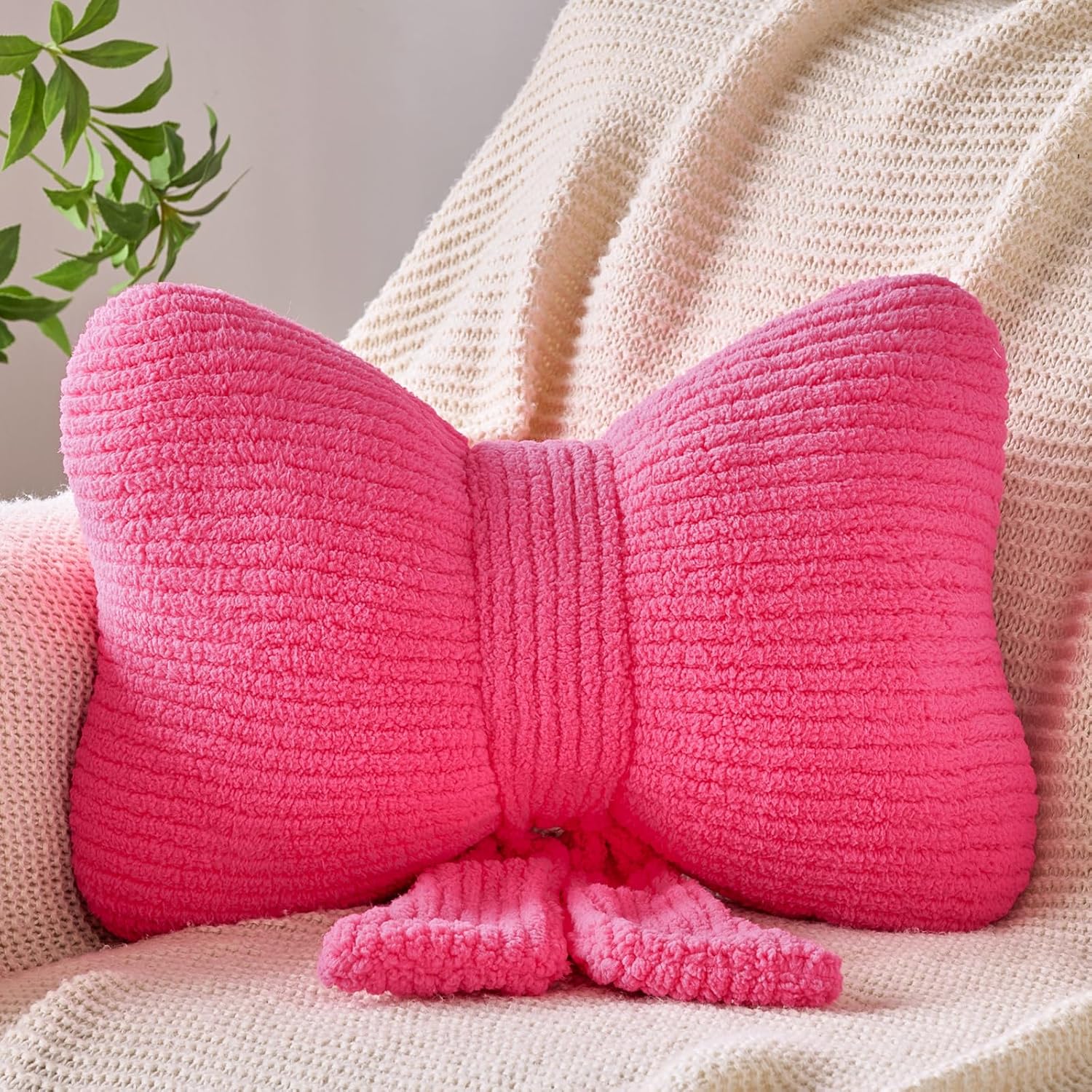 Bow Pillow, Decorative Throw Pillows with Soft Plush, Bow Throw Pillow for Couch Bed, Home Decor Bow Shaped Pillow for Bedroom Living Room (Hot Pink, 16 Inches)