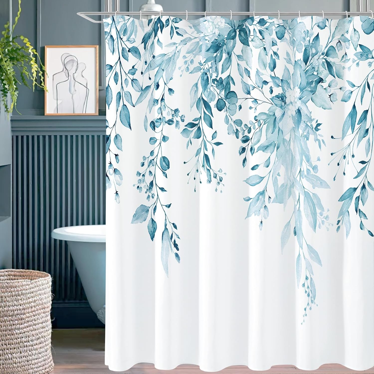 Grey Eucalyptus Shower Curtain, Watercolor Plant Leaves with Floral Bathroom Shower Curtain Set, Gray White, 72x72
