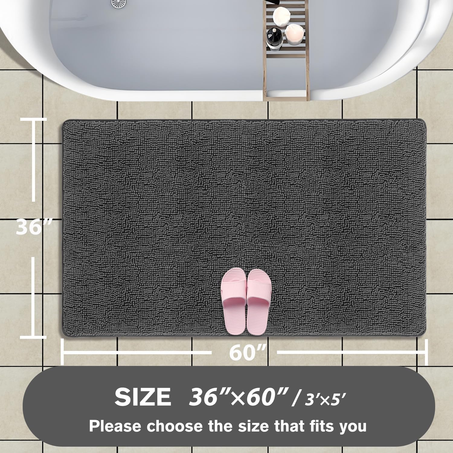 Bathroom Rugs 36 x 60 Inch – Extra Large Bath Mat | Absorbent and Washable Thick Chenille Bath Rugs Non-Slip Runner Rug for Bathroom, Shower, Tub(Gray)