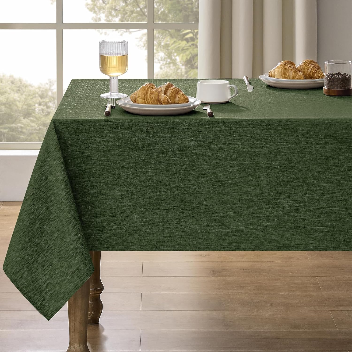 Decorelia Faux Linen Round Tablecloths 60 inch, Waterproof Decorative Washable Texture Rustic Circle Table Cloth Cover for Dining Kitchen Party Farmhouse Outdoor(Round (2-4 Seats),Sage Green)