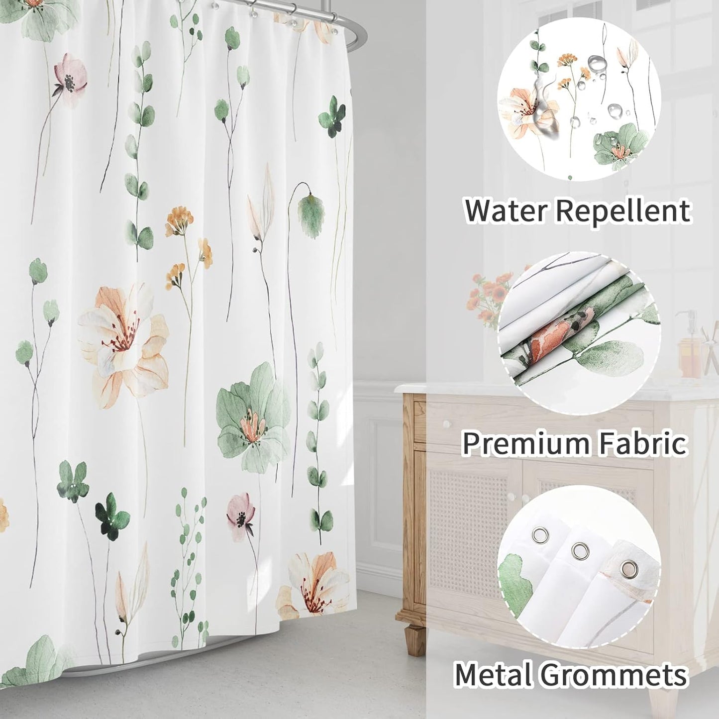 Watercolor Floral Shower Curtain, Sage Green Beige Flower Shower Curtain for Bathroom, Modern Minimalist White Waterproof Fabric Shower Curtain Set 72x72 Inch