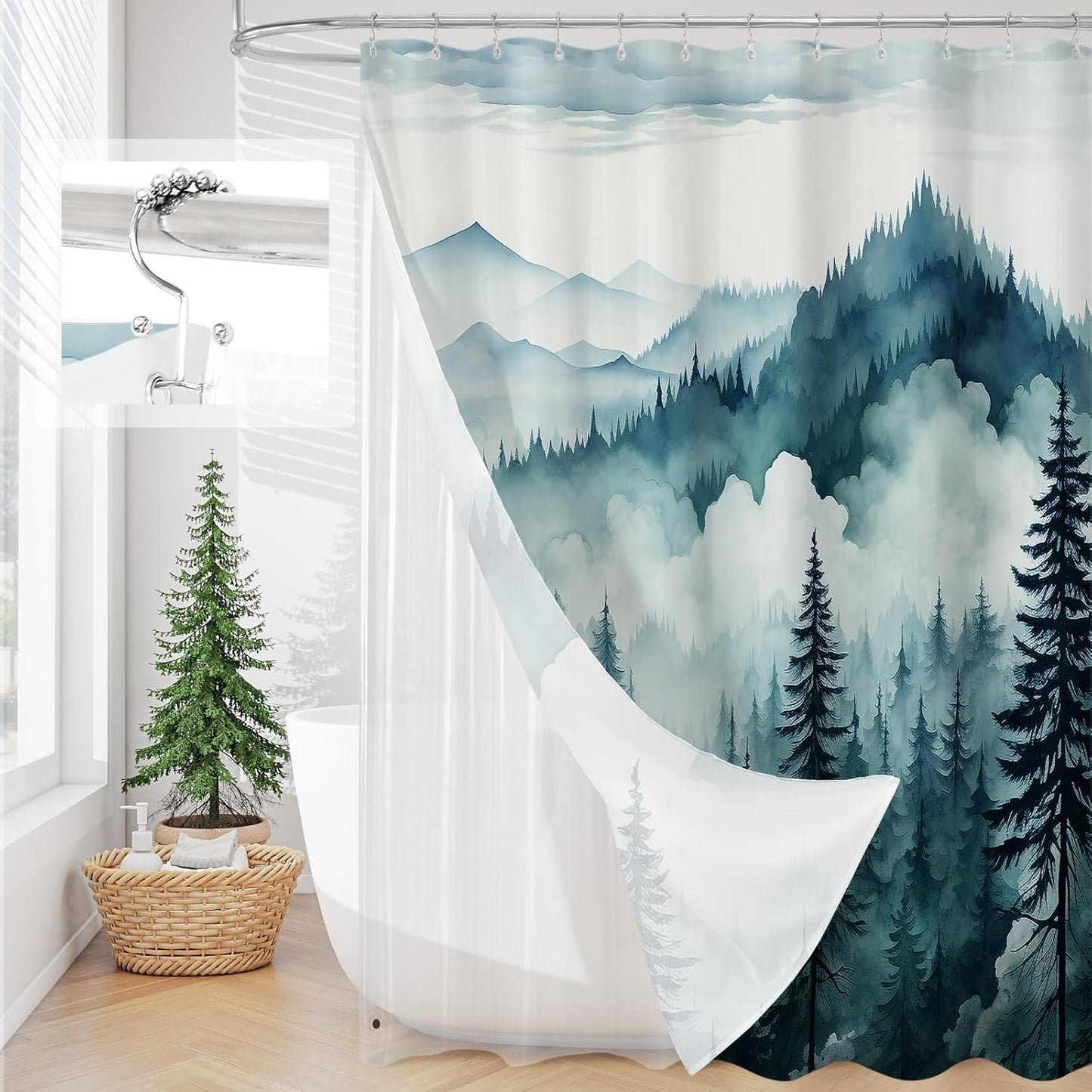 3 in 1 Shower Curtain Set, DarkGreen Misty Pine Forest Fabric Shower Curtain with PEVA Liner and Double Sided Hooks, Bathroom Curtain Waterproof 72x72