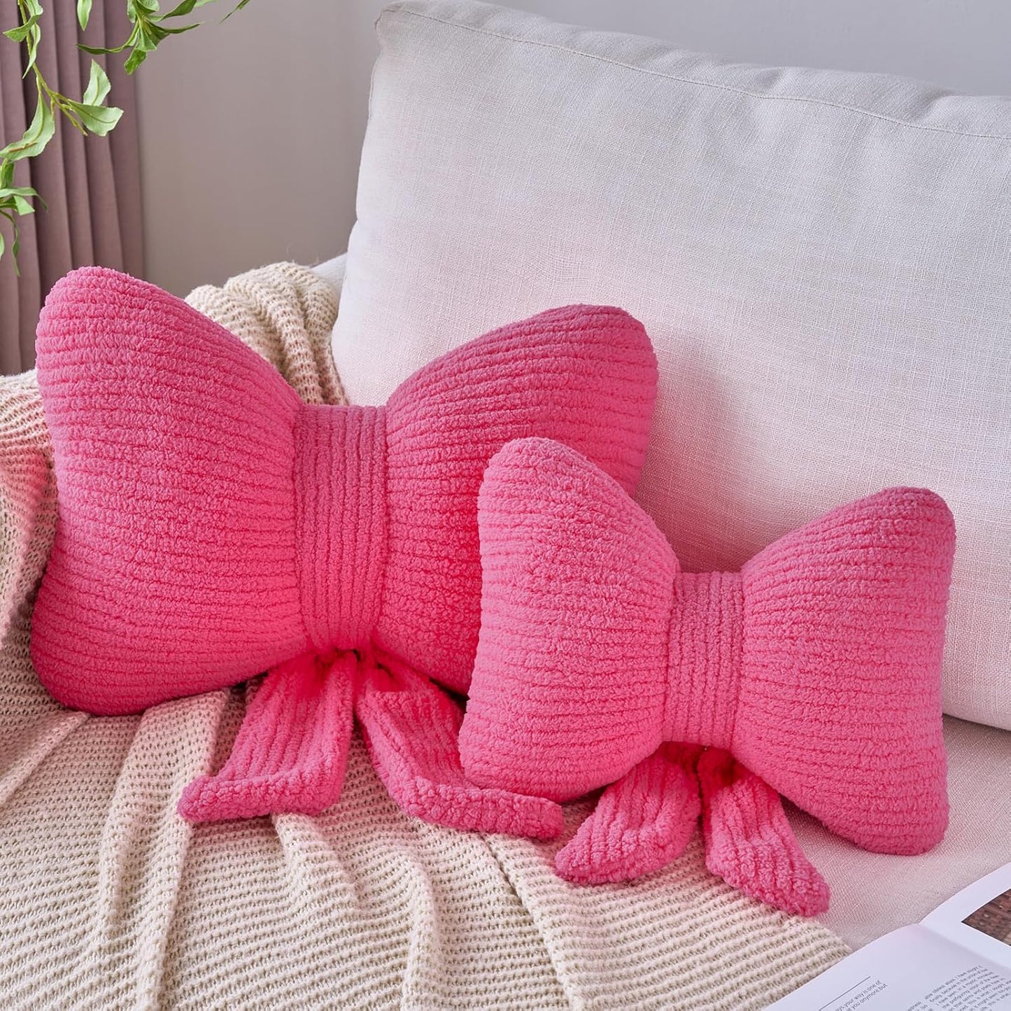 Bow Pillow, Decorative Throw Pillows with Soft Plush, Bow Throw Pillow for Couch Bed, Home Decor Bow Shaped Pillow for Bedroom Living Room (Hot Pink, 16 Inches)