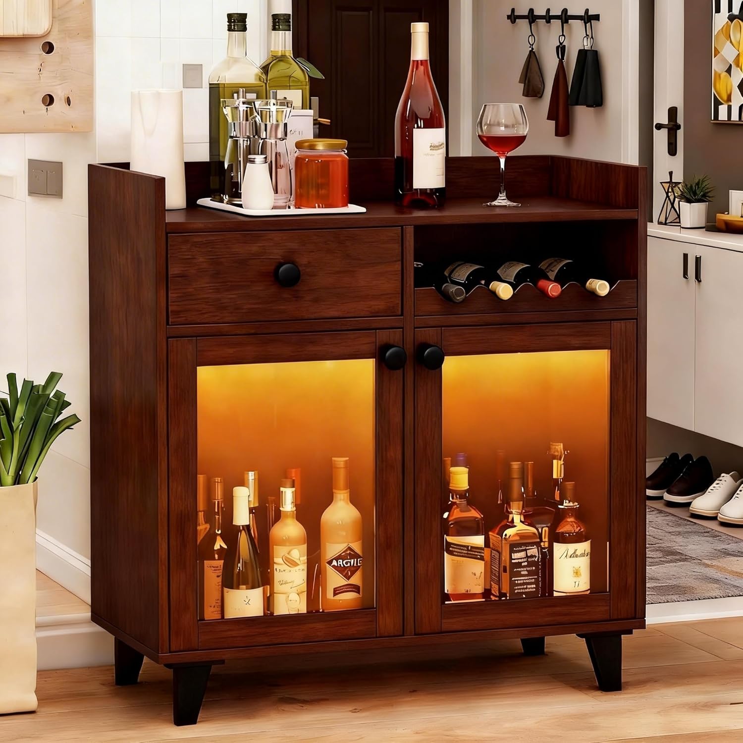COCO DESIGN Small Wine Cabinet with Glass Doors, Modern Liquor Bar Cabinet with LED Light for Alcohol, Farmhouse Buffet Coffee Sideboard with Storage for Kitchen, Black