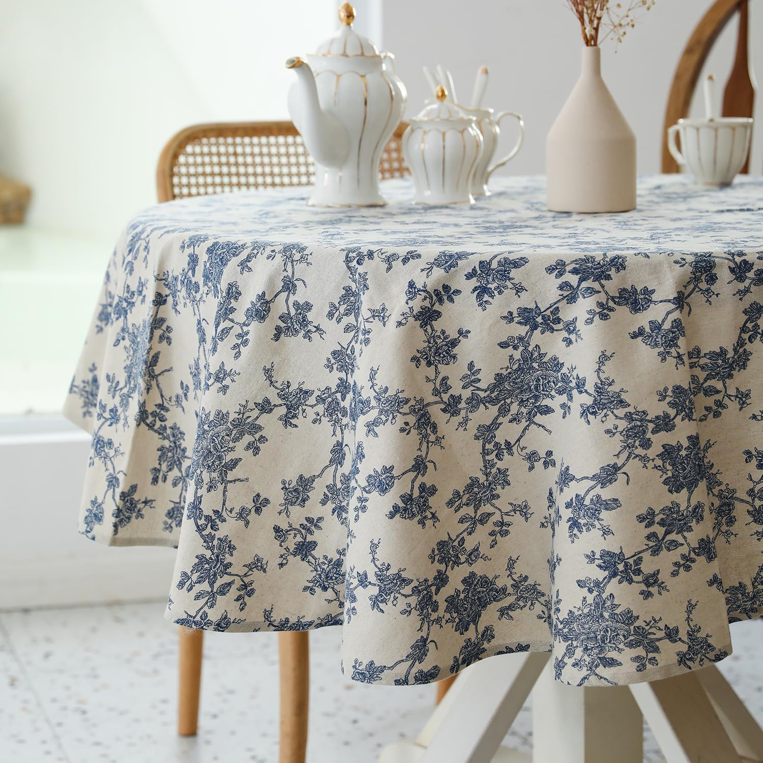 Pastoral Round Tablecloth - 60 Inch Dia. Table Cloth - Washable Table Cover with Dust-Proof Wrinkle Resistant for Restaurant, Picnic, Indoor and Outdoor Dining, Floral (Dark Blue)