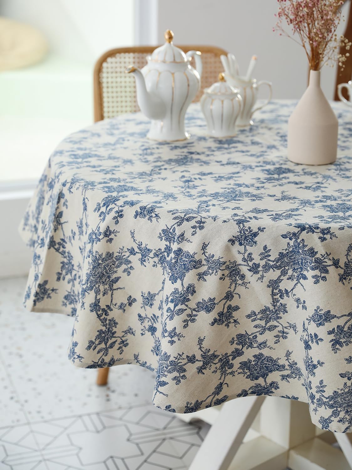 Pastoral Round Tablecloth - 60 Inch Dia. Table Cloth - Washable Table Cover with Dust-Proof Wrinkle Resistant for Restaurant, Picnic, Indoor and Outdoor Dining, Floral (Dark Blue)
