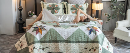Quilts Queen Size Patchwork Bedspread Set - 100% Cotton Reversible Breathable Green Earth Geometric Quilted Quilt with Pillow Shams for All Seasons