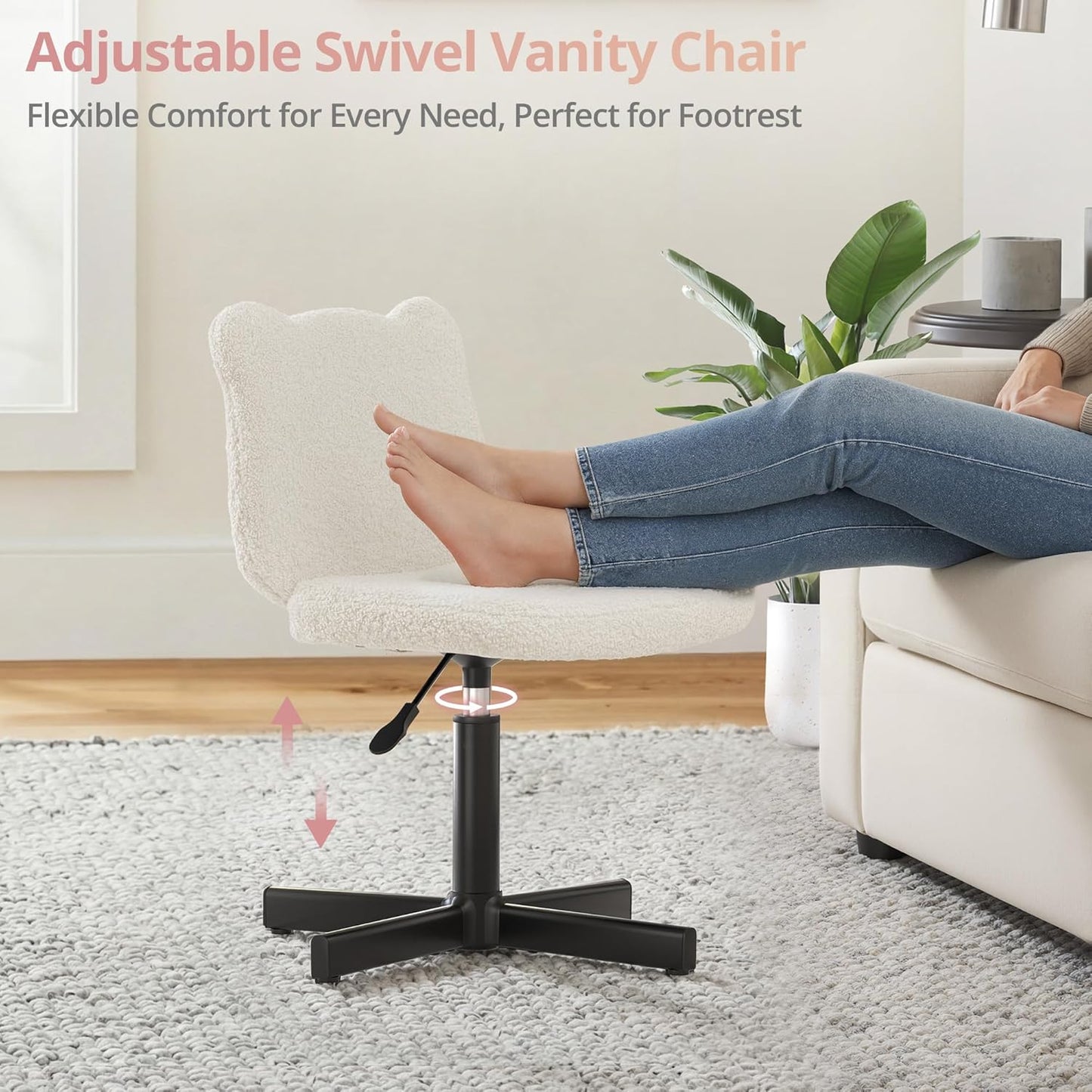 Adjustable Vanity Stool Chair with Girly Bear Ear Wide Back, 360° Swivel Vanity Stool for Makeup Room, Upholstered Teddy Velvet Ottoman for Teen Girls, 350lbs, Beige
