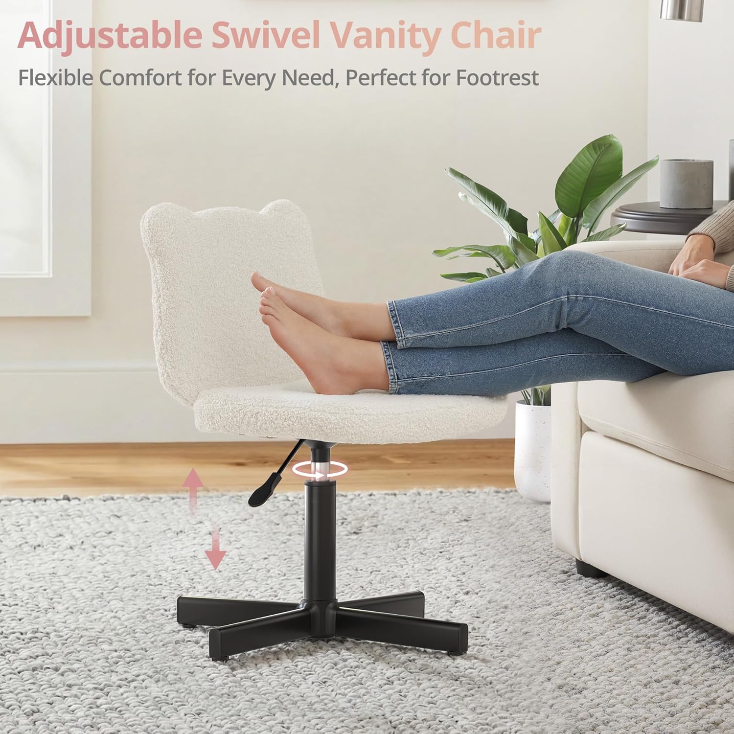 Adjustable Vanity Stool Chair with Girly Bear Ear Wide Back, 360° Swivel Vanity Stool for Makeup Room, Upholstered Teddy Velvet Ottoman for Teen Girls, 350lbs, Beige