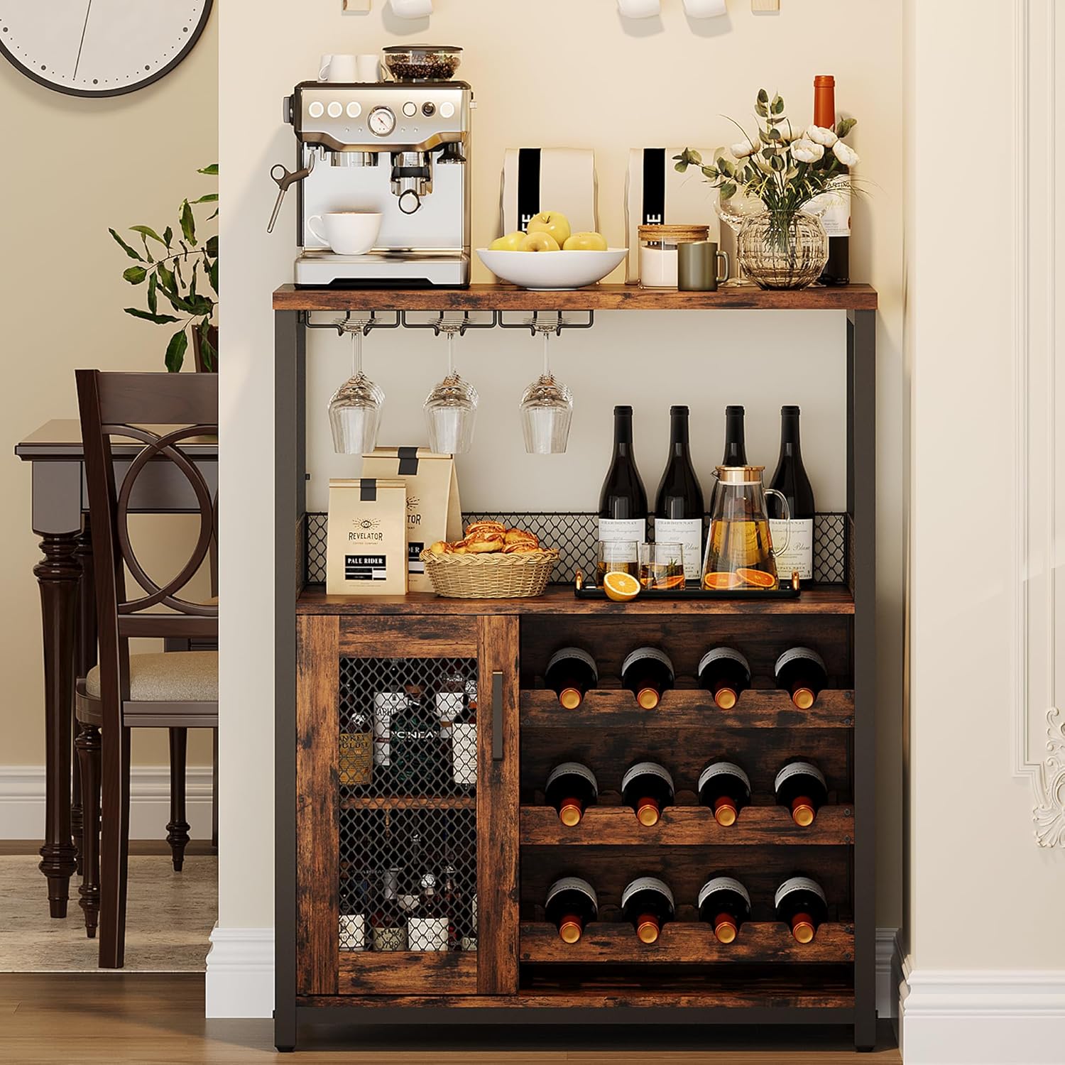 Wine Bar Rack Cabinet with LED Light, Adjustable Shelves Coffee Bar Cabinet with Mesh Door and Baffle Design, 36″ Tall Small Liquor Bar Cabinet for Home, Kitchen, Dinning Room, Rustic Brown