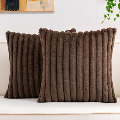 Pack of 2 Faux Fur Christmas Throw Pillow Covers 18x18 Inch, Soft Plush Striped Neutral Couch Pillow Cover, with Velvet Back Modern Home Decor for Sofa Living Room Couch Bed Cream White