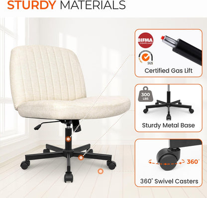 Chair Wheels Wide Cross Legged Office Desk Vanity Chair Comfy Fabric Armless Adjustable Swivel for Home Computer Task (Beige Wheel, Fabric)