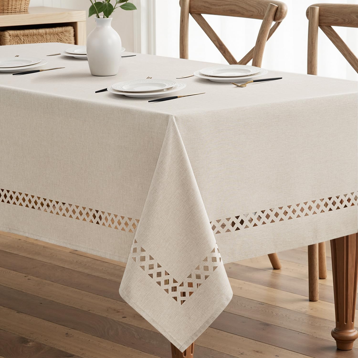 Beige Rectangle Linen Polyester Tablecloth with Decorative Cutouts Spring Waterproof Stain Resistant & Shrink-Proof Table Cloth 52x70 inch Farmhouse Style for Dining Wedding and Outdoor