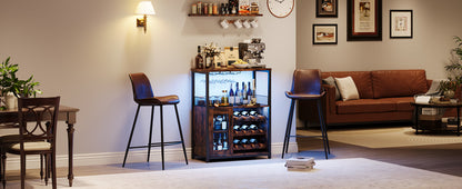 Wine Bar Rack Cabinet with LED Light, Adjustable Shelves Coffee Bar Cabinet with Mesh Door and Baffle Design, 36″ Tall Small Liquor Bar Cabinet for Home, Kitchen, Dinning Room, Rustic Brown