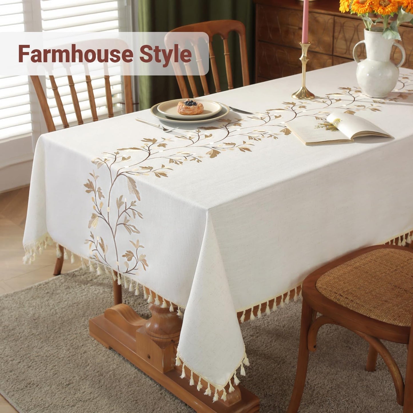 Cotton Linen Waterproof Table Cloth for Dining Table Farmhouse Kitchen Rectangle Tablecloth Coffee Wrinkle Free Tables Cover, Beige, Coffee Flower, 55x70 Inch