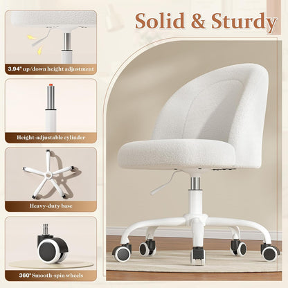 Vanity Chair, Small Desk Chair with Back, Height Adjustable & 360° Swivel, Stylish Armless Comfy Vanity Office Chair for Small Space, Bedroom