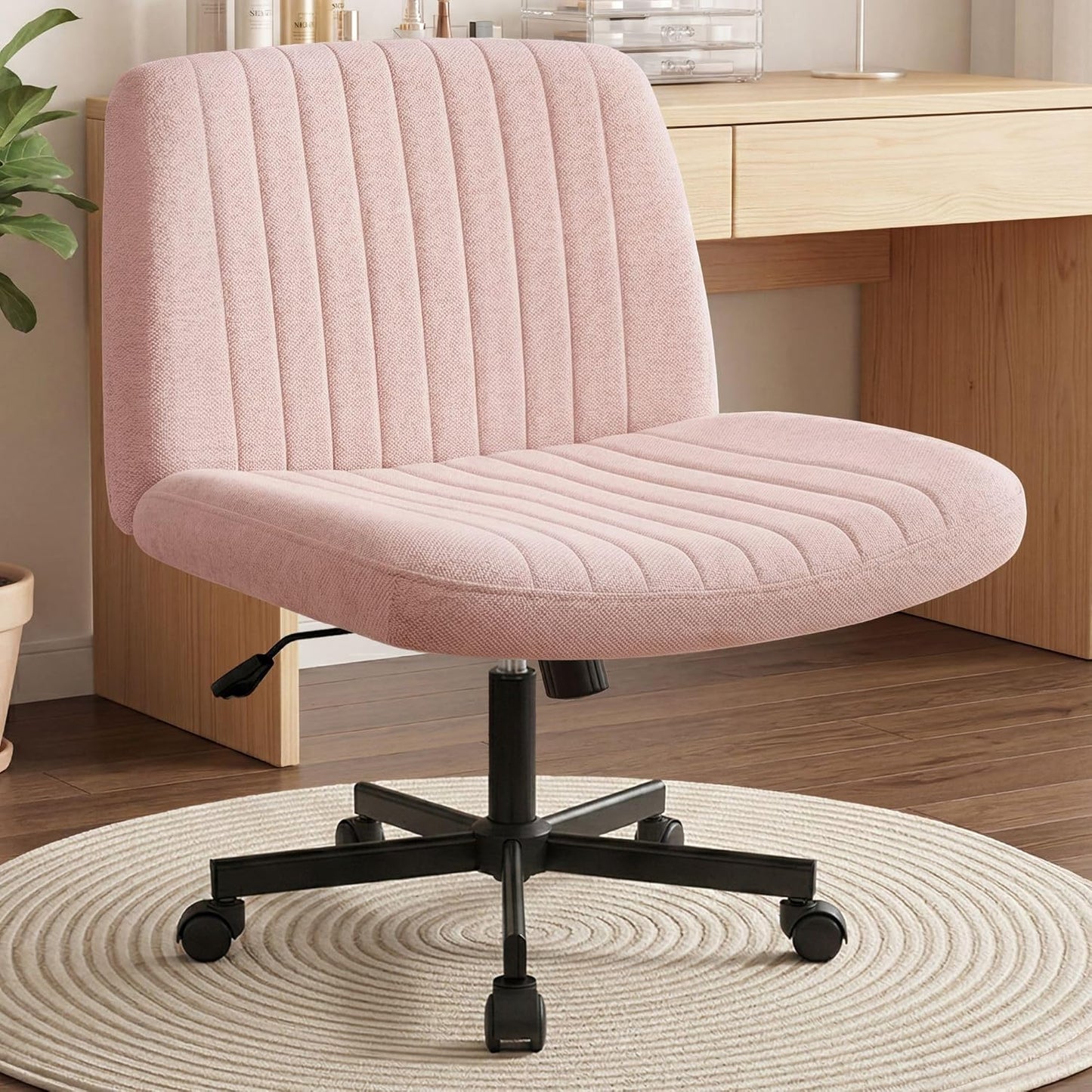 Chair Wheels Wide Cross Legged Office Desk Vanity Chair Comfy Fabric Armless Adjustable Swivel for Home Computer Task (Beige Wheel, Fabric)