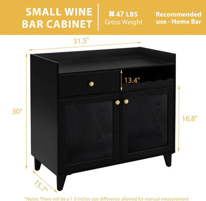 COCO DESIGN Small Wine Cabinet with Glass Doors, Modern Liquor Bar Cabinet with LED Light for Alcohol, Farmhouse Buffet Coffee Sideboard with Storage for Kitchen, Black