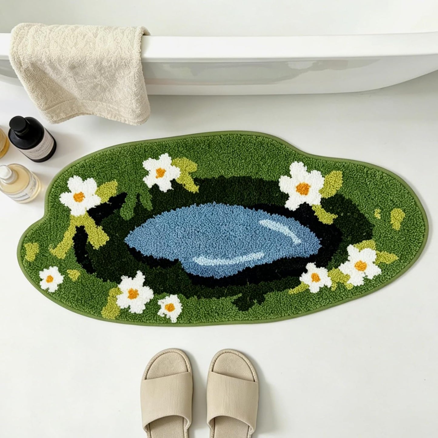 Pond Floral Microfiber Bathroom Rugs 28''x13'', Green Garden Flower Soft Absorbent Bath Mat Non-Slip Rubber Backing, Spring Summer Washable Bath Rug for Shower Floor Bathtub Bedroom Home Decor