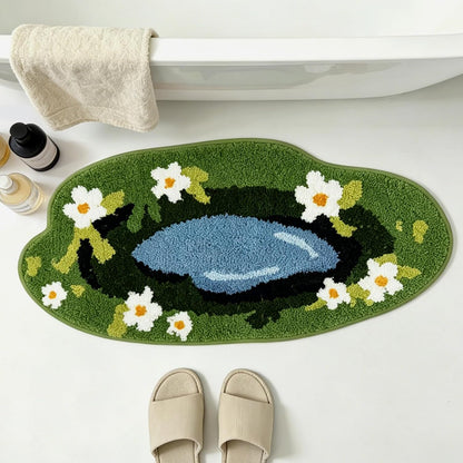 Pond Floral Microfiber Bathroom Rugs 28''x13'', Green Garden Flower Soft Absorbent Bath Mat Non-Slip Rubber Backing, Spring Summer Washable Bath Rug for Shower Floor Bathtub Bedroom Home Decor