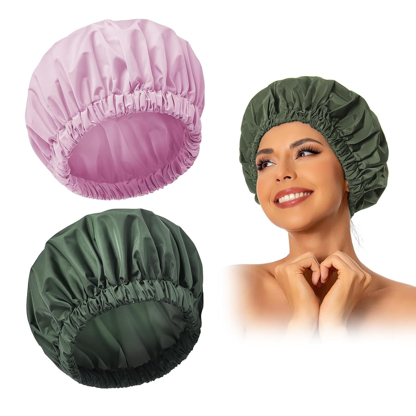 Reusable Shower Cap for Women, Large Waterproof Shower Bonnet Washable Elastic Band Bath Hair Hat for Long Hair, Braids(Pink)