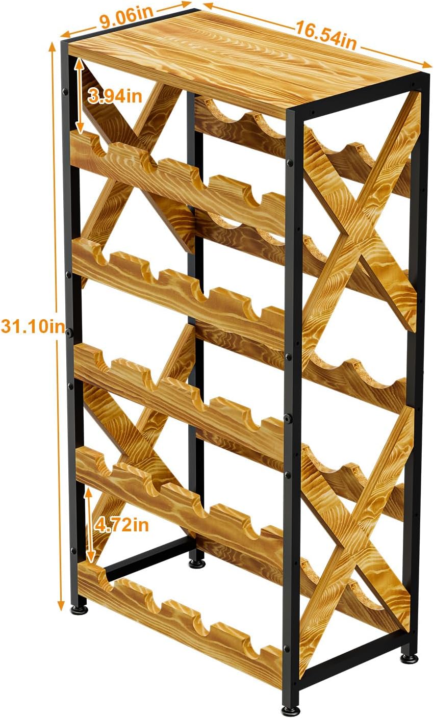 20 Bottle Wine Rack Freestanding Floor with Wood Top,Wobble-Free 5 Tier Wine Display Storage Stand Shelf,Stackable Modular Wine Bottle Holder Rack for Kitchen,Cellar,Living Room