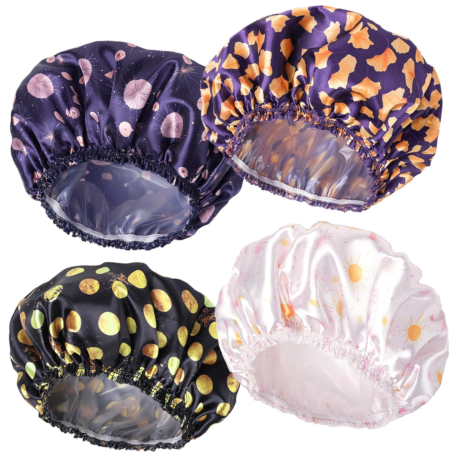 Shower Caps for Women, 4 PCS Elastic and Reusable Bath Caps, Double Waterproof Layers Shower Cap, Bathing Shower Caps, Environmental Protection Hair Bath Hat - Solid Color
