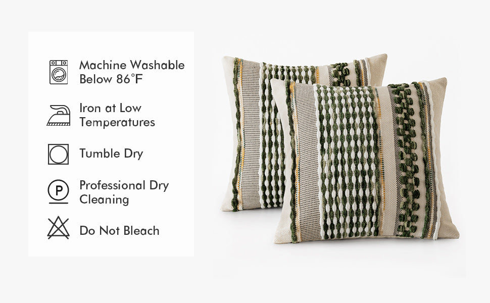 ANRODUO Pack of 2 Boho Decorative Throw Pillow Covers 18x18 Farmhouse Cushion Case Striped Chenille Pillow Cases Square Pillow Covers Accent Neutral Pillowcase for Sofa Couch Bed, Olive Green Stripe