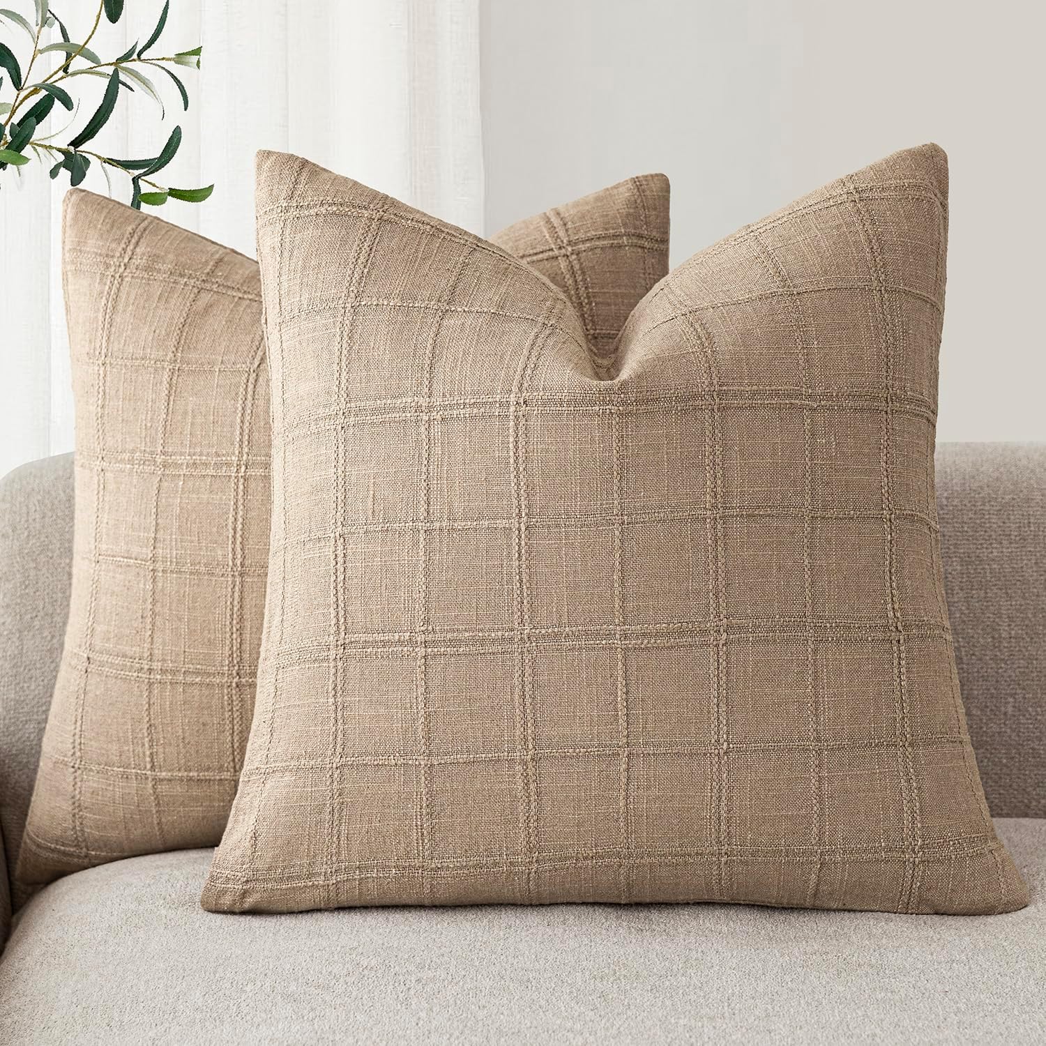 Foindtower Set of 2 Decorative Linen Check Throw Pillow Covers Neutral Farmhouse Vintage Cushion Covers Modern Boho Home Decor for Sofa Chair Couch Bedroom Living Room,18×18 Inch,Natural Beige