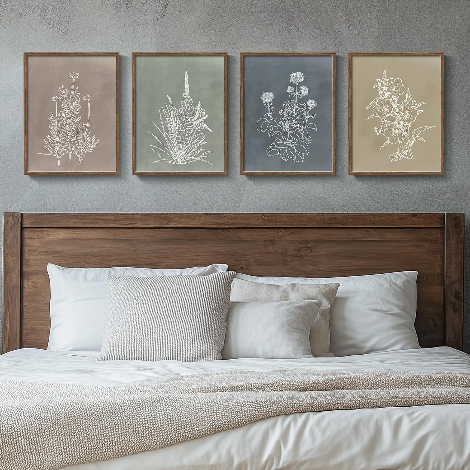 Framed Vintage Botanical Wall Art Bedroom, 4 Piece Rustic Farmhouse Floral Canvas Prints Artwork, Neutral Flower Butterfly Pictures for Modern Farmhouse Living Room Kitchen Bathroom Wall Decor, 11x14