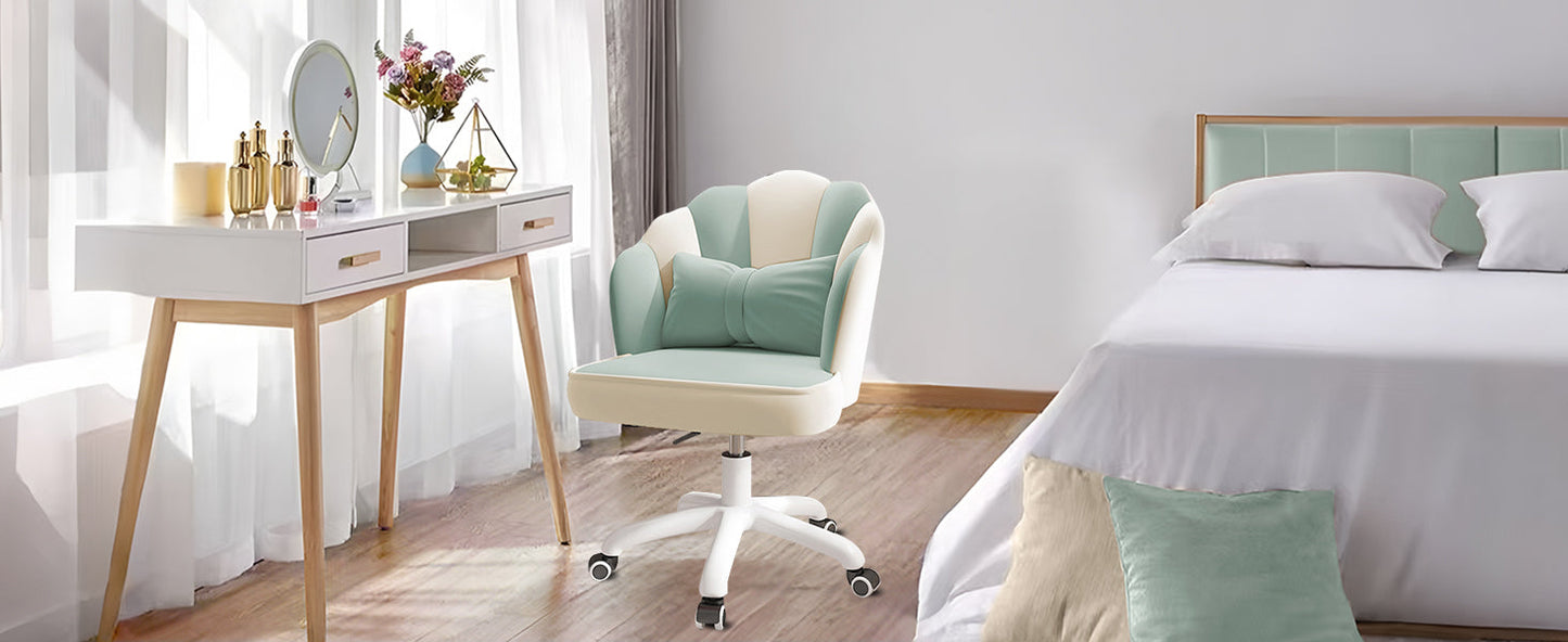 Chair with Bow Cushion Velvet Vanity Chair with Wheels, Upholstered Home Office Chair for Girls Women, Mid-Back Swivel Computer Task Chairs for Living Room Bedroom