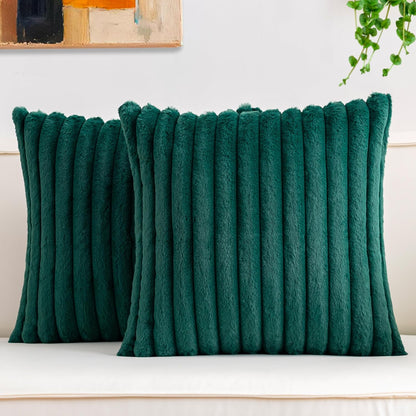 Pack of 2 Faux Fur Christmas Throw Pillow Covers 18x18 Inch, Soft Plush Striped Neutral Couch Pillow Cover, with Velvet Back Modern Home Decor for Sofa Living Room Couch Bed Cream White