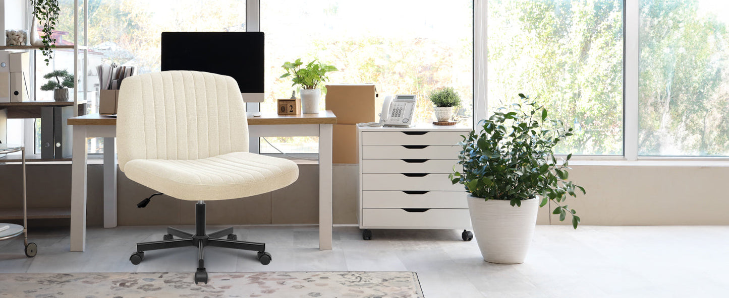 Chair Wheels Wide Cross Legged Office Desk Vanity Chair Comfy Fabric Armless Adjustable Swivel for Home Computer Task (Beige Wheel, Fabric)