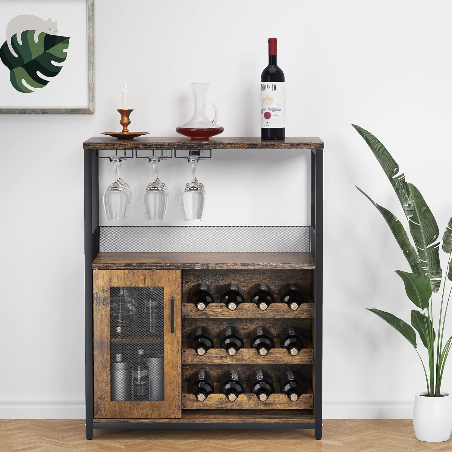 Wine Bar Rack Cabinet with LED Light, Adjustable Shelves Coffee Bar Cabinet with Mesh Door and Baffle Design, 36″ Tall Small Liquor Bar Cabinet for Home, Kitchen, Dinning Room, Rustic Brown