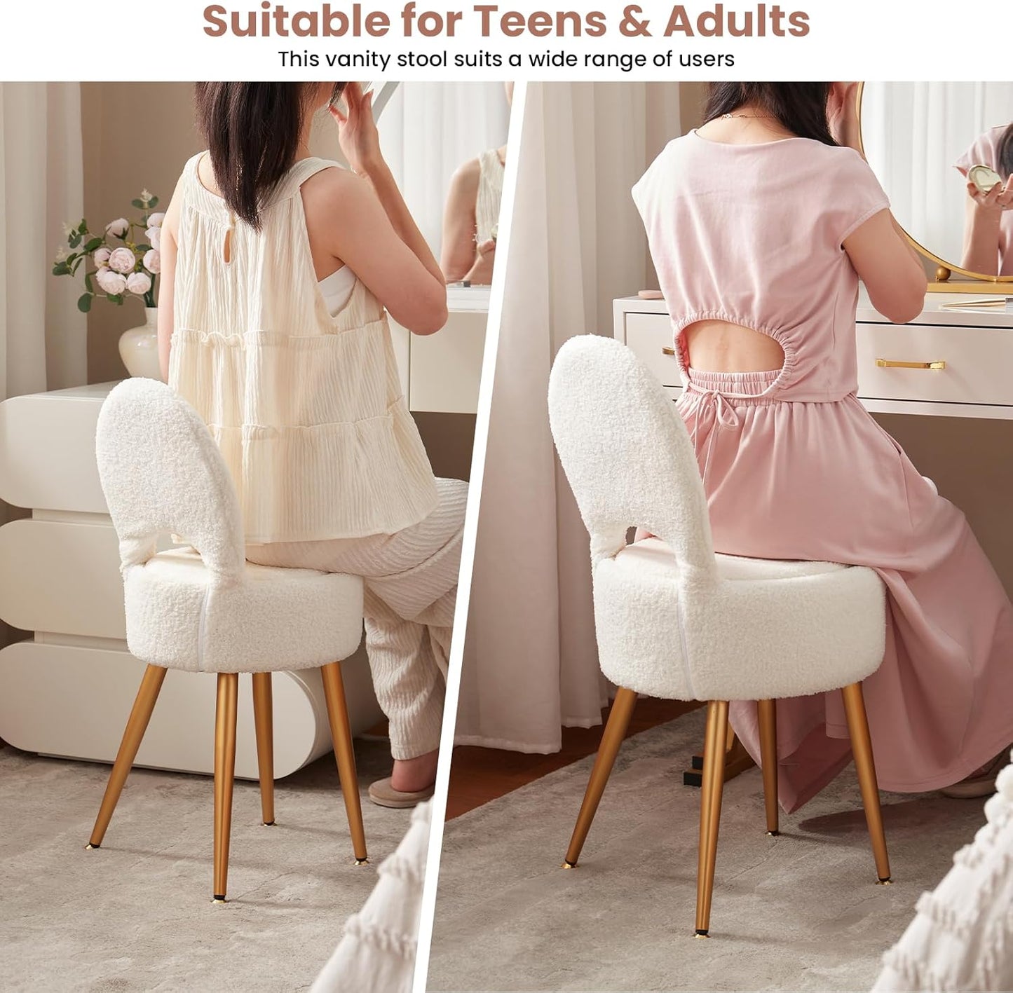 Small Vanity Stool Chair with Storage and Folding Back,4 Metal Legs with Anti-Slip Feet,Round Ottoman with Velvet Seat, Furry Padded Seat for Makeup, Bedroom (Black, Small)