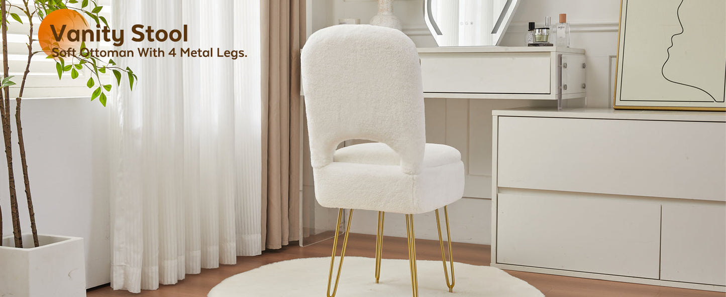 Vanity Chair with Storage and Folding Back, Faux Fur Square Storage Chair, Vanity Stool Chair with 4 Metal Legs for Bedroom, Living Room and Makeup Stations, 13.4"x 15"x 30", White