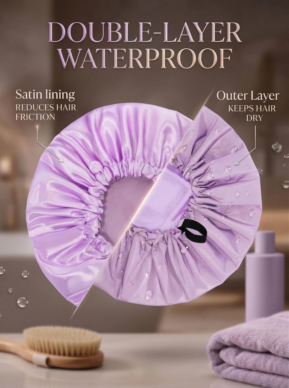 Shower Cap,Extra Adjustable Shower Caps for Women Double-Layer Waterproof Reusable Hair Cap, Large Size Hair Cap for All Hair,for Girls Spa Bath,Soft and Comfortable (Purple)