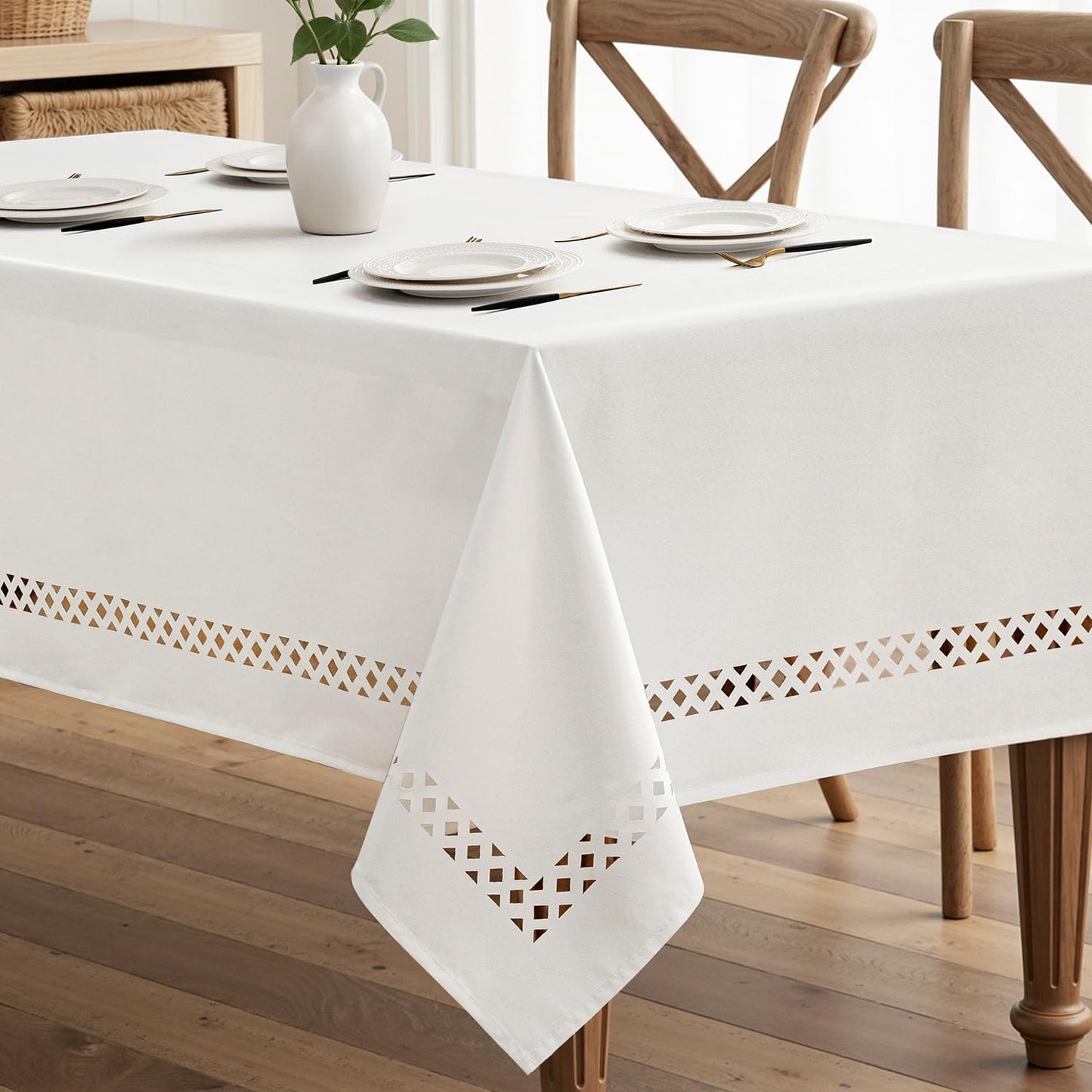 Beige Rectangle Linen Polyester Tablecloth with Decorative Cutouts Spring Waterproof Stain Resistant & Shrink-Proof Table Cloth 52x70 inch Farmhouse Style for Dining Wedding and Outdoor
