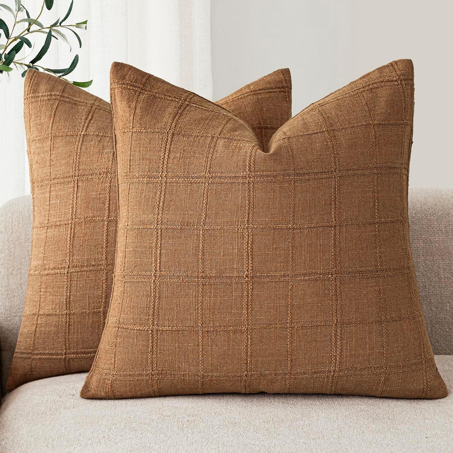Foindtower Set of 2 Decorative Linen Check Throw Pillow Covers Neutral Farmhouse Vintage Cushion Covers Modern Boho Home Decor for Sofa Chair Couch Bedroom Living Room,18×18 Inch,Natural Beige