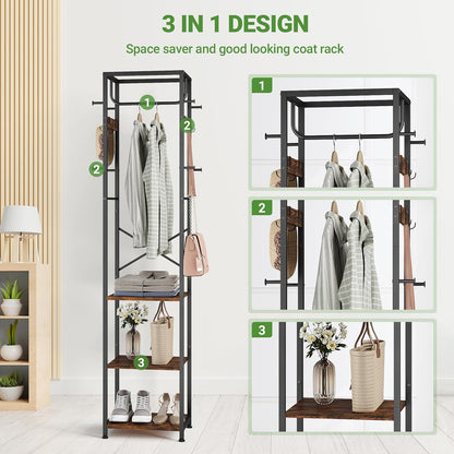 Coat Rack Freestanding, Hall Tree with 3 Storage Shelves and 12 Hooks, Industrial Clothes Rack Stand Organizer for Bedroom, Hallway, Entryway, Office, Living Room, Rustic Brown