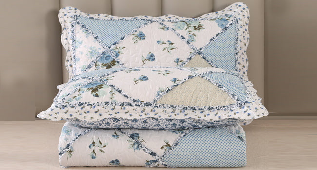 Blue Floral Patchwork Quilt Set, Full Queen Size, 3 Piece Bedding Set with 2 Pillowcases | Blue Patchwork Quilt, Queen Size Bedspread, Reversible Quilt Set, Floral Quilt Set, Patchwork Quilt Set, Queen Comforter Set
