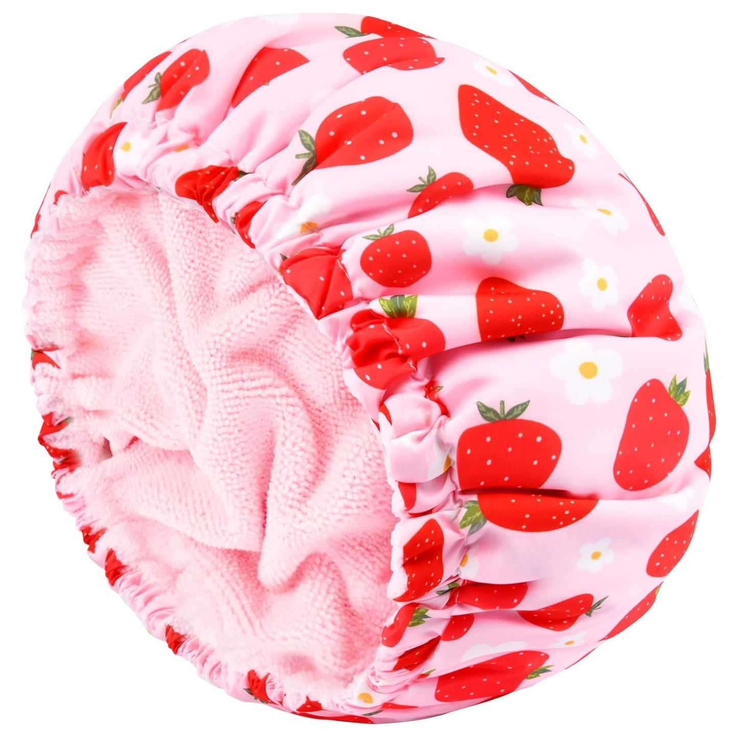 Shower Cap for Women Terry Lined Bath Cap Large Reusable Waterproof Elastic Band Pink Shower Caps for Long Thick Hair Soft Bath Shower Hair Caps