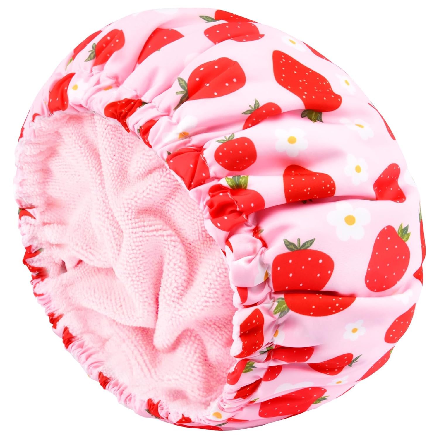 Shower Cap for Women Terry Lined Bath Cap Large Reusable Waterproof Elastic Band Pink Shower Caps for Long Thick Hair Soft Bath Shower Hair Caps