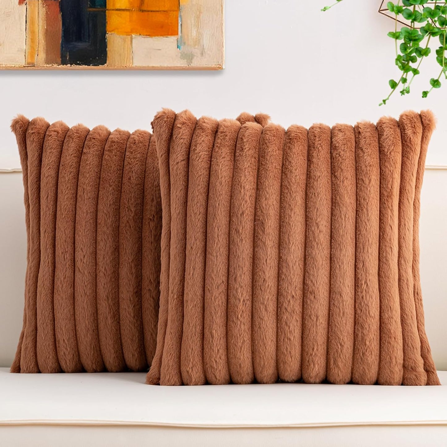 Pack of 2 Faux Fur Christmas Throw Pillow Covers 18x18 Inch, Soft Plush Striped Neutral Couch Pillow Cover, with Velvet Back Modern Home Decor for Sofa Living Room Couch Bed Cream White