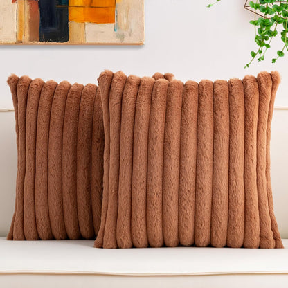 Pack of 2 Faux Fur Christmas Throw Pillow Covers 18x18 Inch, Soft Plush Striped Neutral Couch Pillow Cover, with Velvet Back Modern Home Decor for Sofa Living Room Couch Bed Cream White
