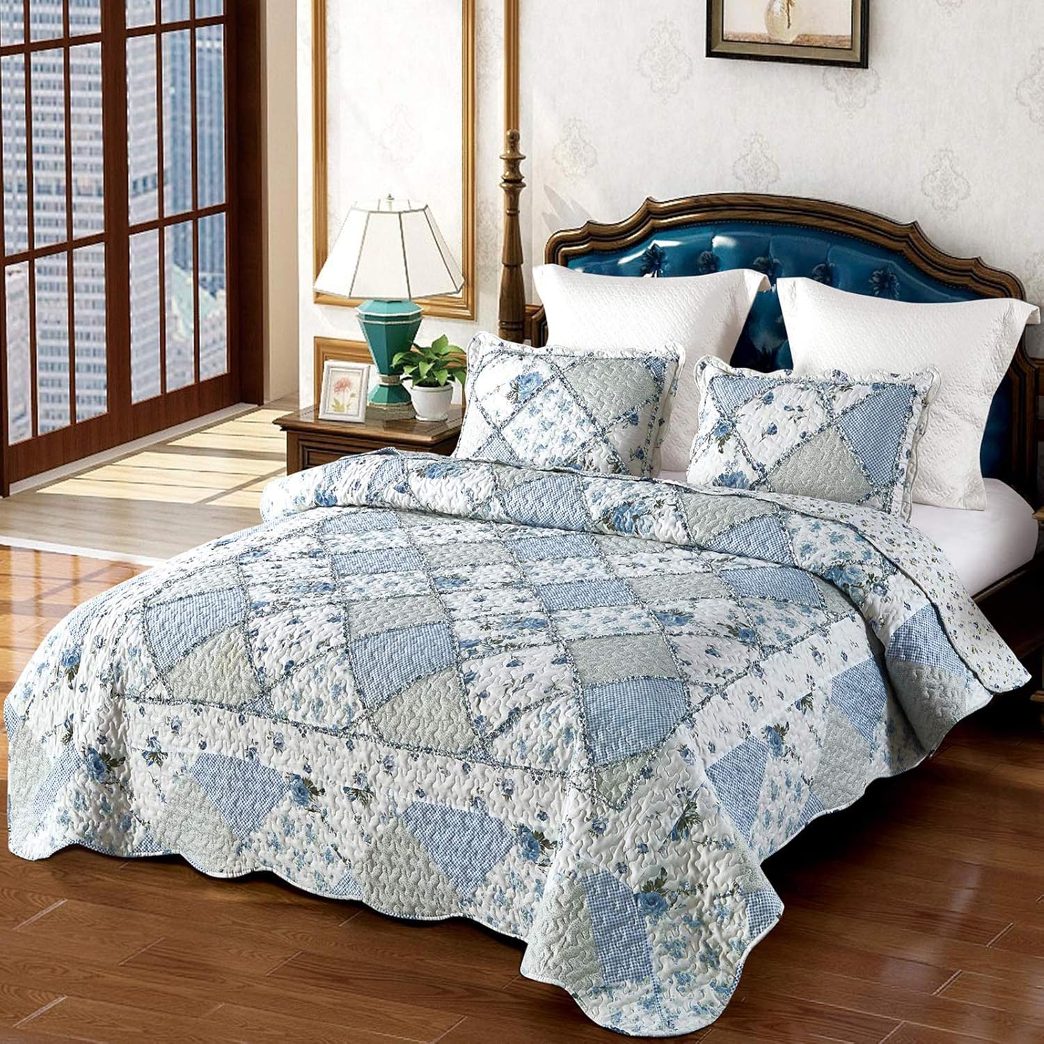 Blue Floral Patchwork Quilt Set, Full Queen Size, 3 Piece Bedding Set with 2 Pillowcases | Blue Patchwork Quilt, Queen Size Bedspread, Reversible Quilt Set, Floral Quilt Set, Patchwork Quilt Set, Queen Comforter Set
